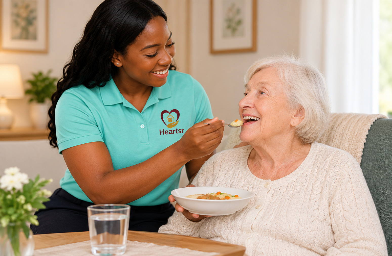 Diverse caregivers supporting an older adult at home